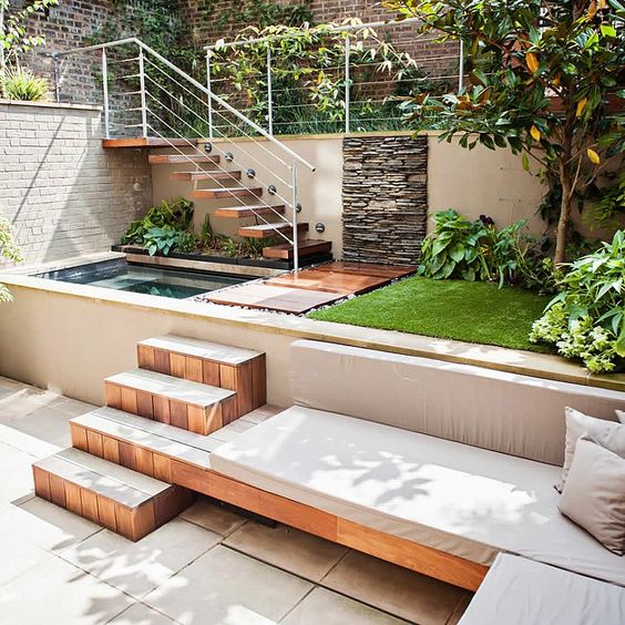 Completely over budget and much more grade change than I need, but these backyard steps once again integrate the main grade change into an adjacent use. At the upper level it becomes a waterfall and at the lower level a step becomes a bench and the higher grade becomes the seatback. Brava.