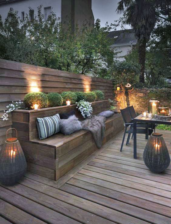 A full built-in furniture design, with a bit more of a traditional flare. There seems to be a trend of planters edging the backs of seats. #backyard inspiration via www.L-2-Design.com