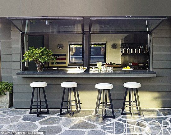Another great indoor/outdoor kitchen setup courtesy of awning windows and a simple bar counter extension. #backyard inspiration via www.L-2-Design.com